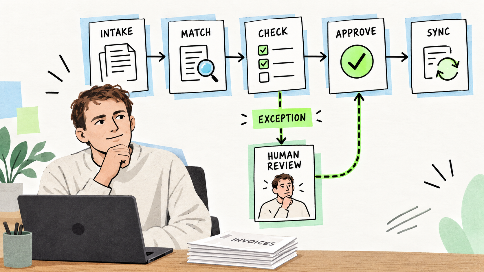 An accounts-payable workflow with AI context, exception branches and human checkpoints